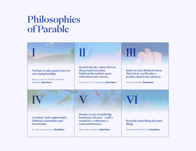 Parable philosophy feature grid, editorial, minimal, light