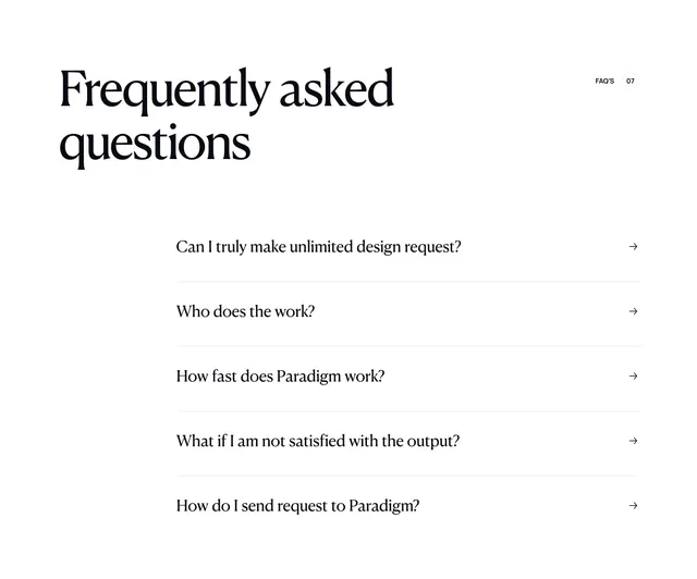 Paradigm editorial FAQ split, light-mode, minimal, light