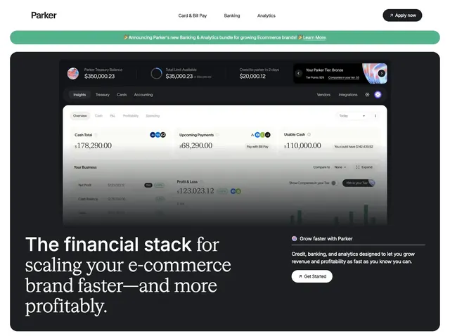 Parker ecommerce fintech hero with dashboard, dark-mode, minimal, dark