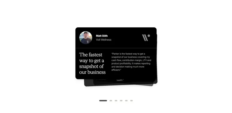 Parker dark stacked testimonial card, dark-mode, minimal, dark
