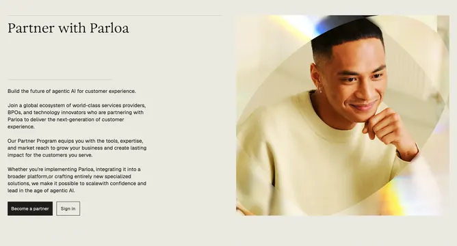 Parloa partner program split about section, minimal, light-mode, light