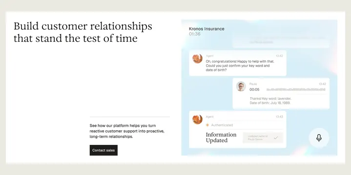 Parloa customer relationship split feature, minimal, editorial, light