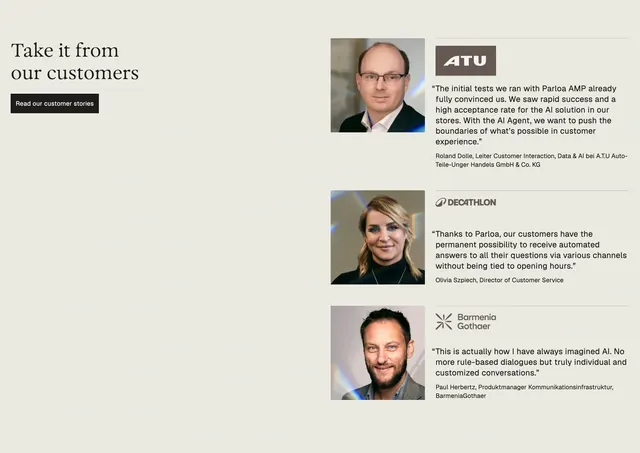 Parloa split testimonial list with portraits, minimal, editorial, light