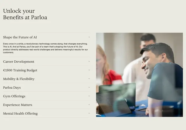 Parloa employee benefits accordion, minimal, editorial, light