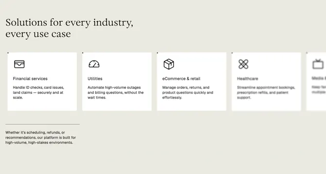 Parloa industry solutions grid, minimal, corporate-clean, light