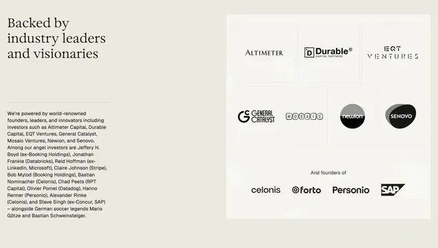 Parloa investor logo cloud with copy, minimal, editorial, light