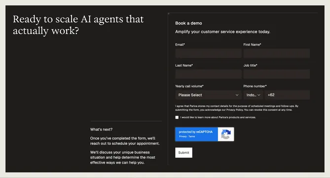 Parloa book-a-demo form, dark-mode, minimal, dark