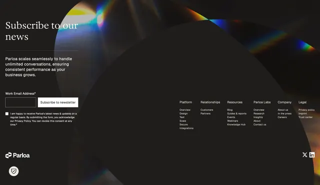 Parloa newsletter footer, dark-mode, minimal, dark