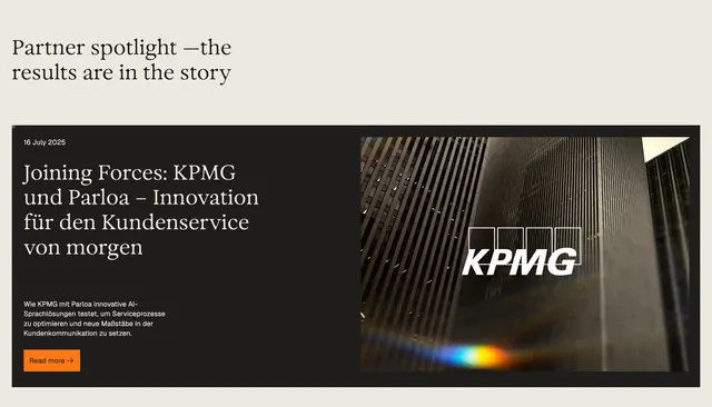 Parloa partner spotlight CTA, minimal, editorial, light