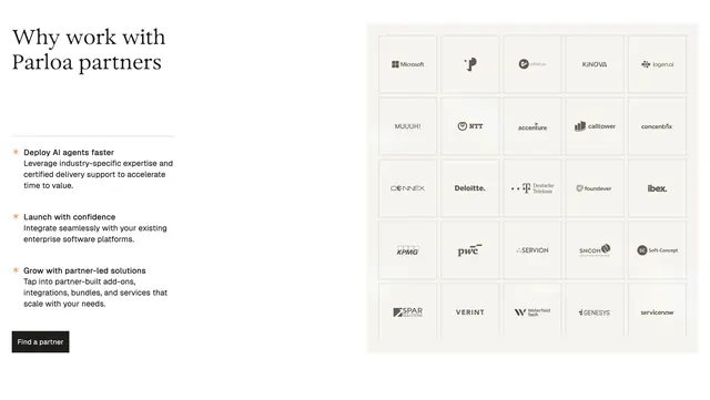 Parloa partner logo cloud with value props, minimal, corporate-clean, light
