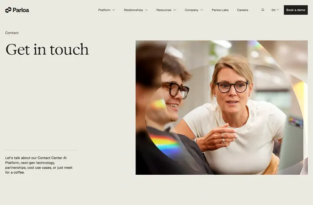 Parloa contact hero, minimal, editorial, light