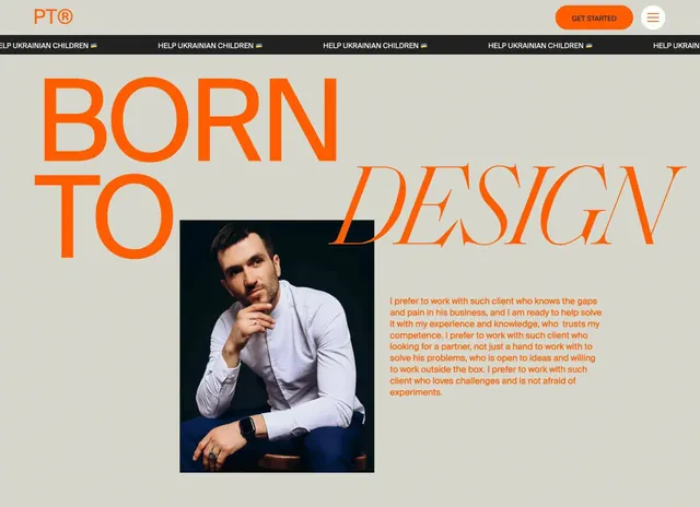 Pash about page hero with portrait overlap, minimal, editorial, light