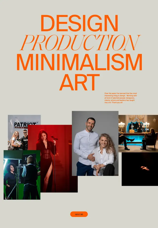 Pash home about section with photo collage, minimal, editorial, light