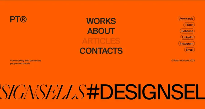 Pash orange full-screen footer overlay, minimal, editorial, vibrant