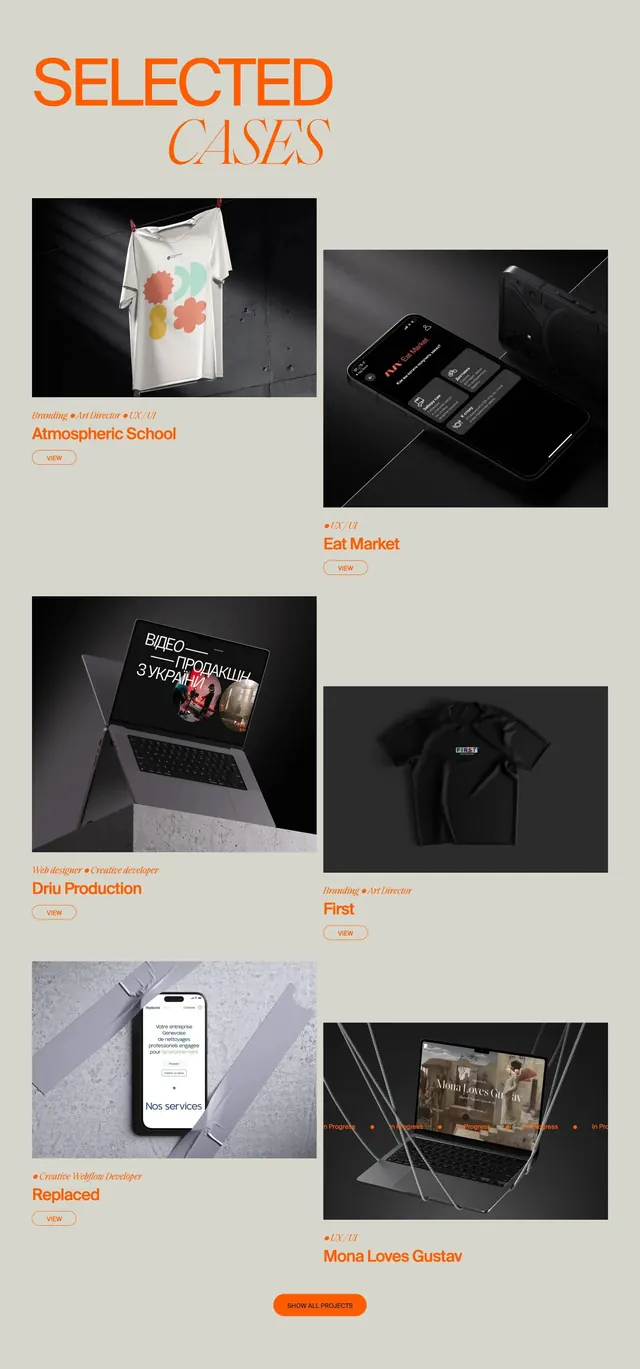 Pash staggered portfolio grid, minimal, editorial, light