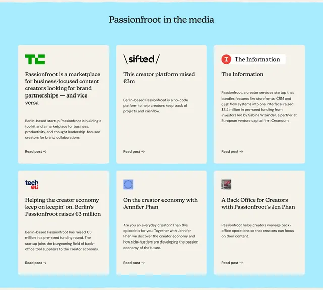 Passionfroot press coverage media grid, minimal, light-mode, light