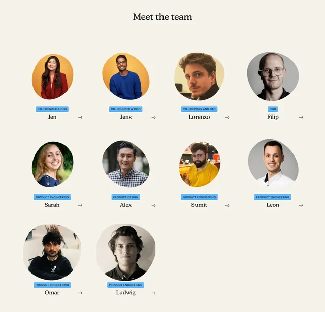 Passionfroot team grid with role pills, minimal, light-mode, light