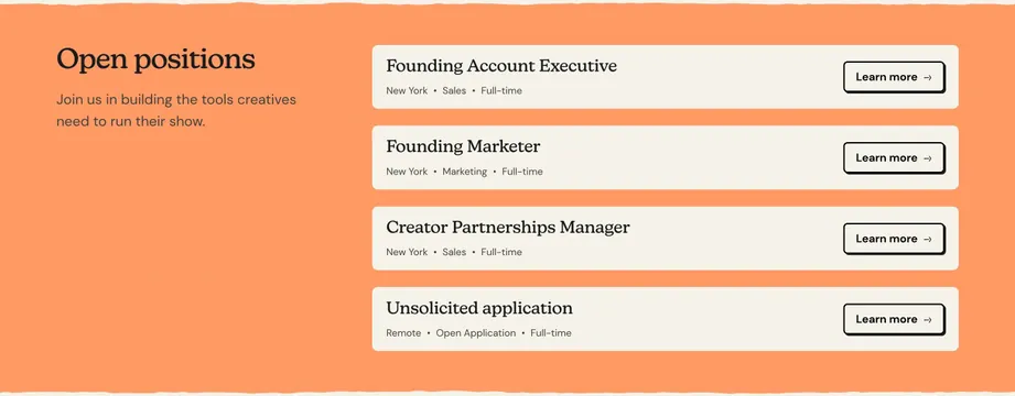 Passionfroot open positions job list, minimal, illustrated, warm