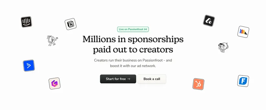 Passionfroot creator sponsorship CTA, minimal, light-mode, light