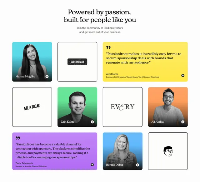 Passionfroot creator community mosaic, minimal, light-mode, light