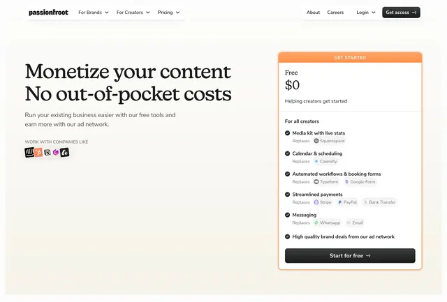Passionfroot creator free-tier pricing card, minimal, light-mode, light