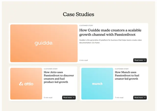 Passionfroot bento case study cards, minimal, light-mode, light