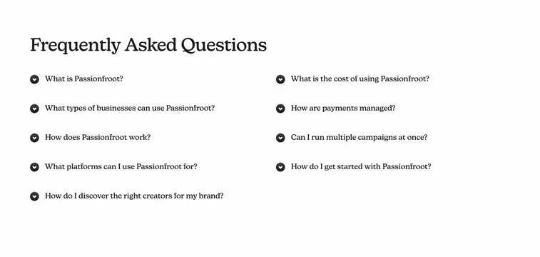 Passionfroot two-column FAQ accordion, minimal, light-mode, light
