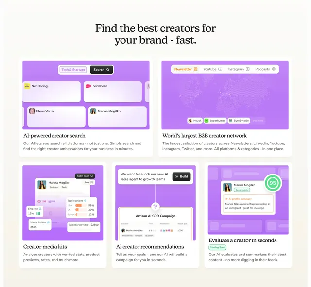 Passionfroot creator discovery feature bento, minimal, light-mode, light