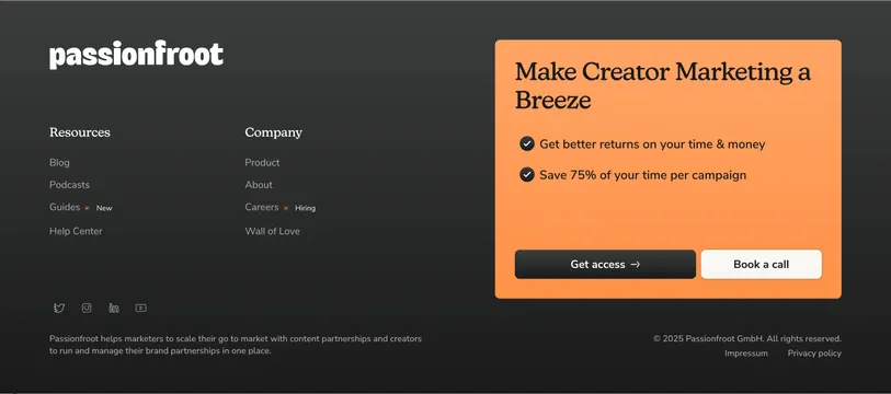 Passionfroot footer with orange CTA card, dark-mode, minimal, dark