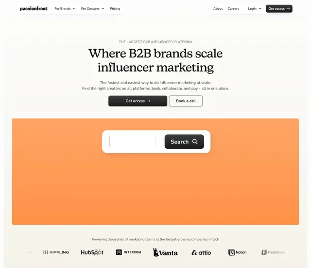 Passionfroot B2B influencer hero, minimal, editorial, light