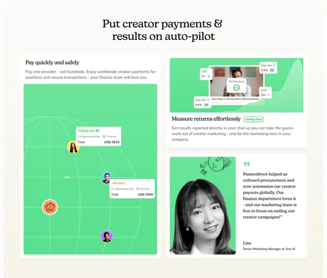 Passionfroot payments bento feature grid, minimal, light-mode, light