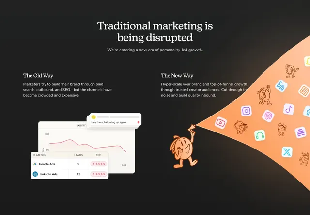 Passionfroot old vs new marketing comparison, dark-mode, illustrated, dark