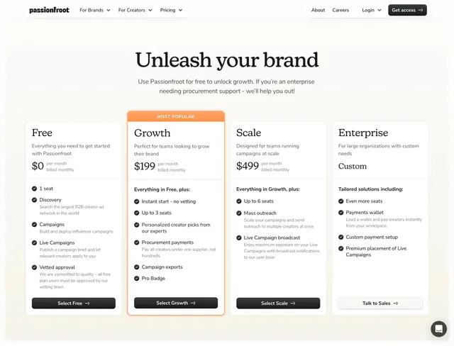 Passionfroot four-tier pricing cards, minimal, light-mode, light