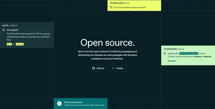 Patch dpm open-source CTA with activity cards, dark-mode, minimal, dark