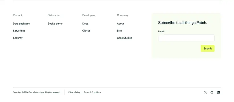 Patch home page footer, minimal, light-mode, light