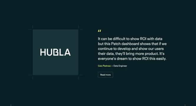 Patch home page testimonial section, dark-mode, minimal, dark