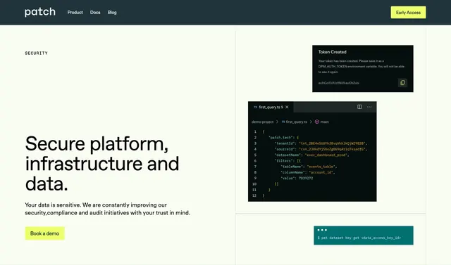Patch security hero with code mockups, minimal, light-mode, light