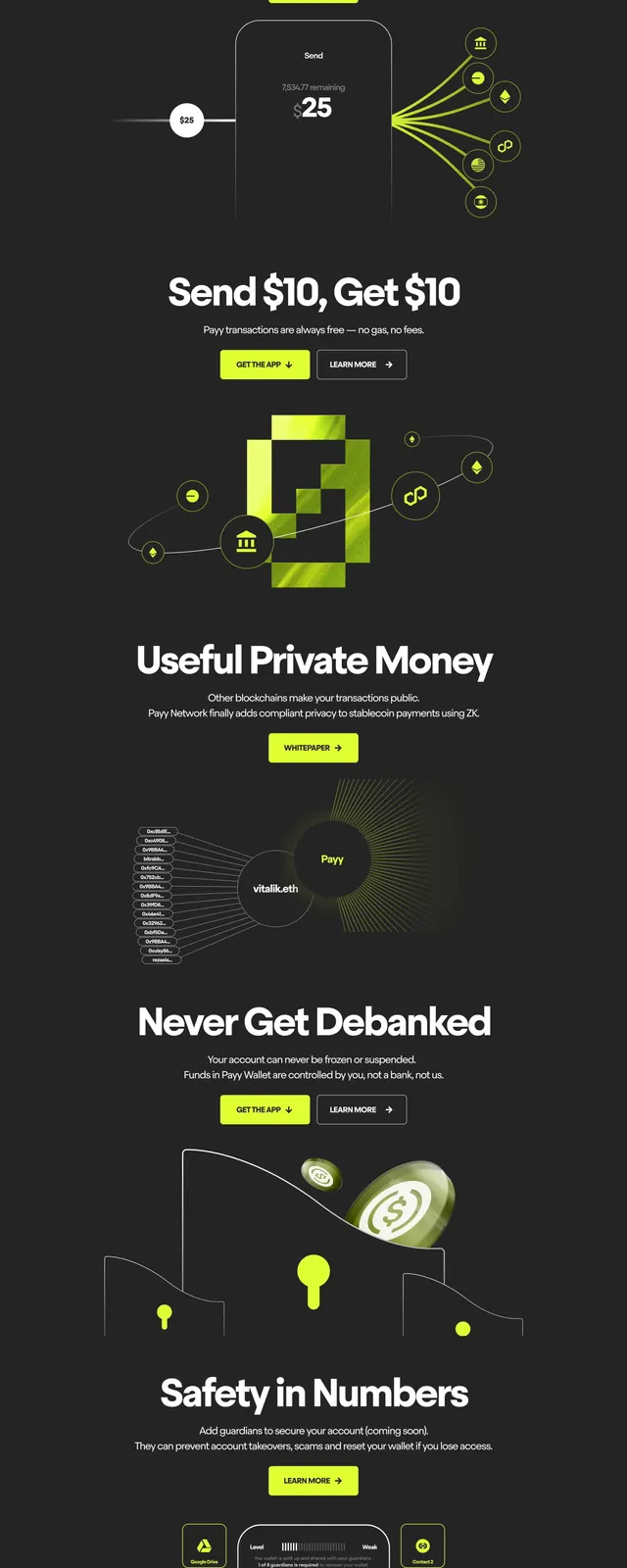 Payy stacked feature sections, dark-mode, minimal, dark