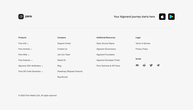Pera Wallet multi-column footer, minimal, corporate-clean, light