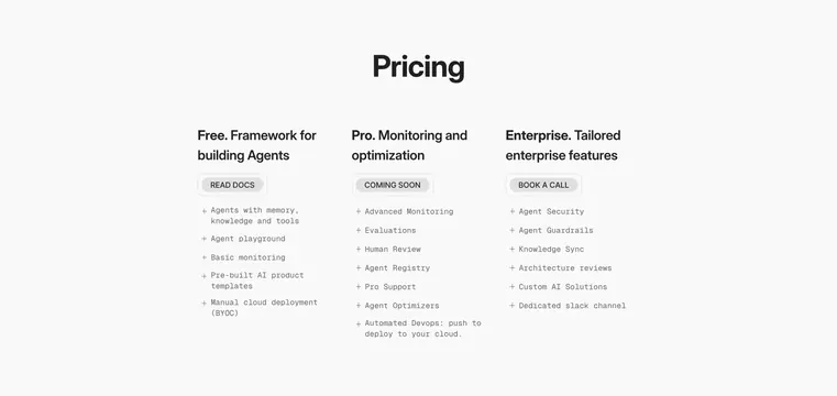 Phidata Pricing Section, light-mode, minimal, light