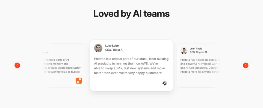 Phidata Testimonials Section, light-mode, minimal, light