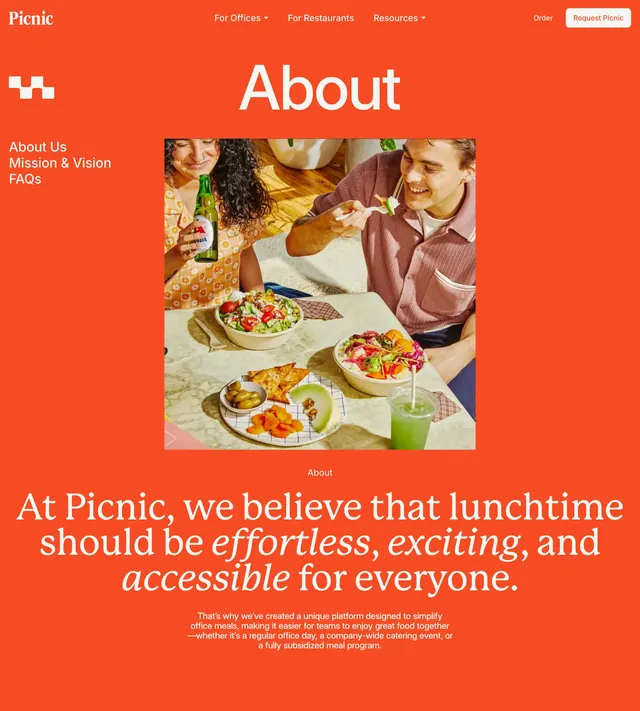 Picnic about-page orange hero, editorial, minimal, vibrant
