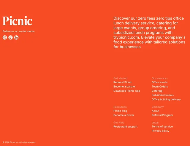 Picnic bold orange footer, editorial, minimal, vibrant