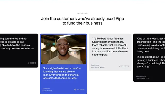 Pipe customer testimonial carousel, minimal, photographic, light
