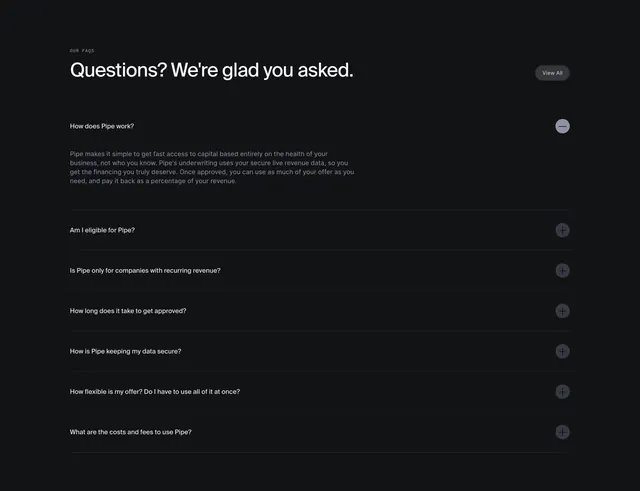 Pipe dark FAQ accordion, dark-mode, minimal, dark