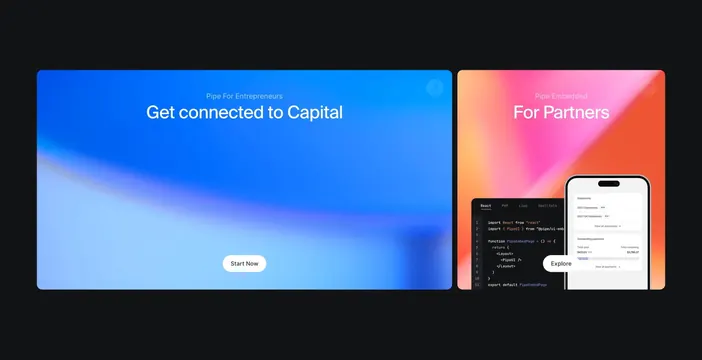 Pipe dual-audience gradient gateway cards, minimal, gradient-heavy, dark