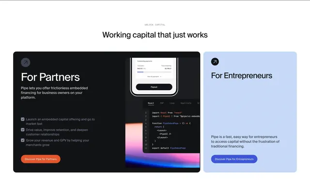 Pipe partners-entrepreneurs asymmetric gateway, minimal, dark-mode, light