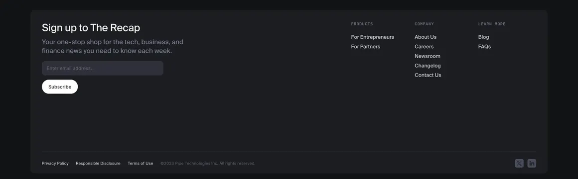 Pipe newsletter footer with link columns, dark-mode, minimal, dark