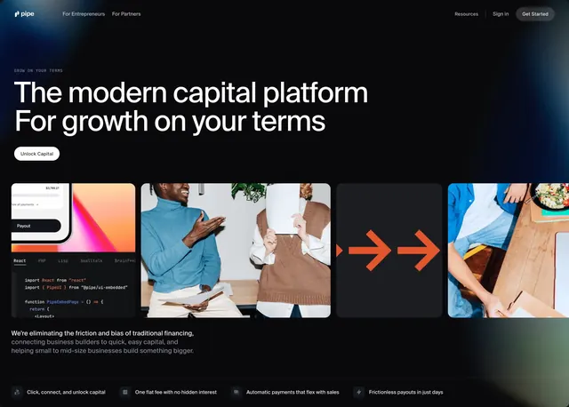 Pipe capital platform collage hero, dark-mode, minimal, dark