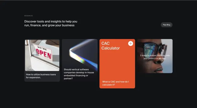 Pipe resources blog card row, dark-mode, minimal, dark